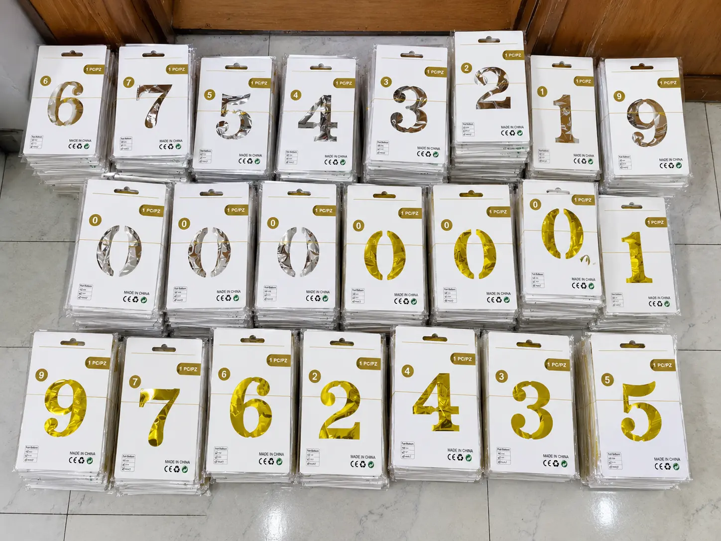 Retail packaging and digit identification for wholesale number foil balloon orders at Borun Balloon Factory
